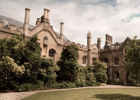 A Cambridge University academic building surrounded by trees.